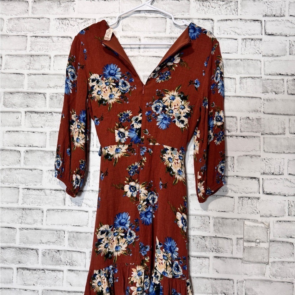 Altar'd State Rust Floral Wrap Mini Dress 3/4 Sleeve Ruffle Hem Small - Picture 7 of 12
